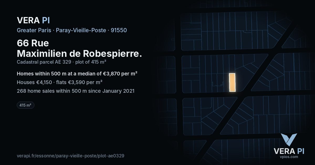 66 Rue Maximilien de Robespierre, Paray-Vieille-Poste at night – the plot lit, the parcels around coloured by the prices near them
