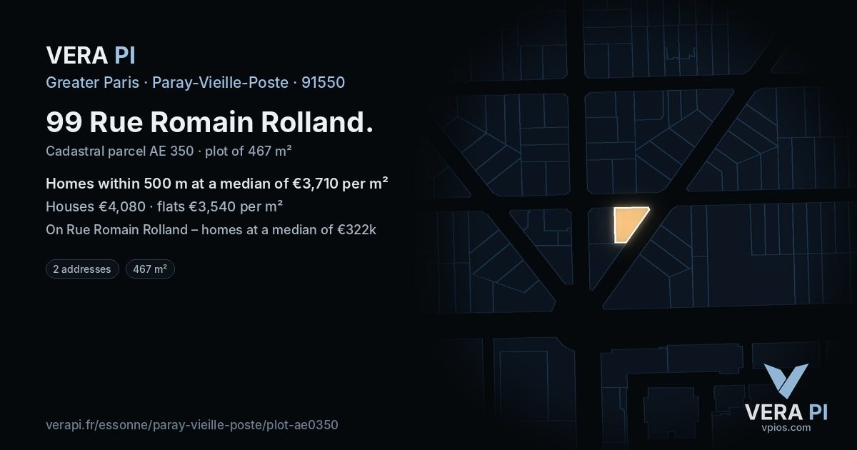 99 Rue Romain Rolland, Paray-Vieille-Poste at night – the plot lit, the parcels around coloured by the prices near them