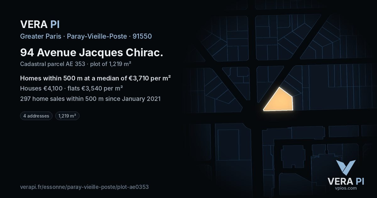 94 Avenue Jacques Chirac, Paray-Vieille-Poste at night – the plot lit, the parcels around coloured by the prices near them