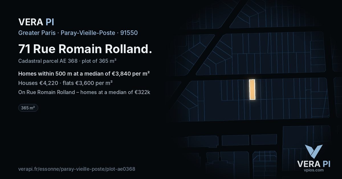 71 Rue Romain Rolland, Paray-Vieille-Poste at night – the plot lit, the parcels around coloured by the prices near them