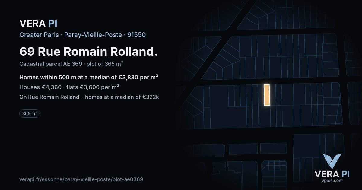 69 Rue Romain Rolland, Paray-Vieille-Poste at night – the plot lit, the parcels around coloured by the prices near them