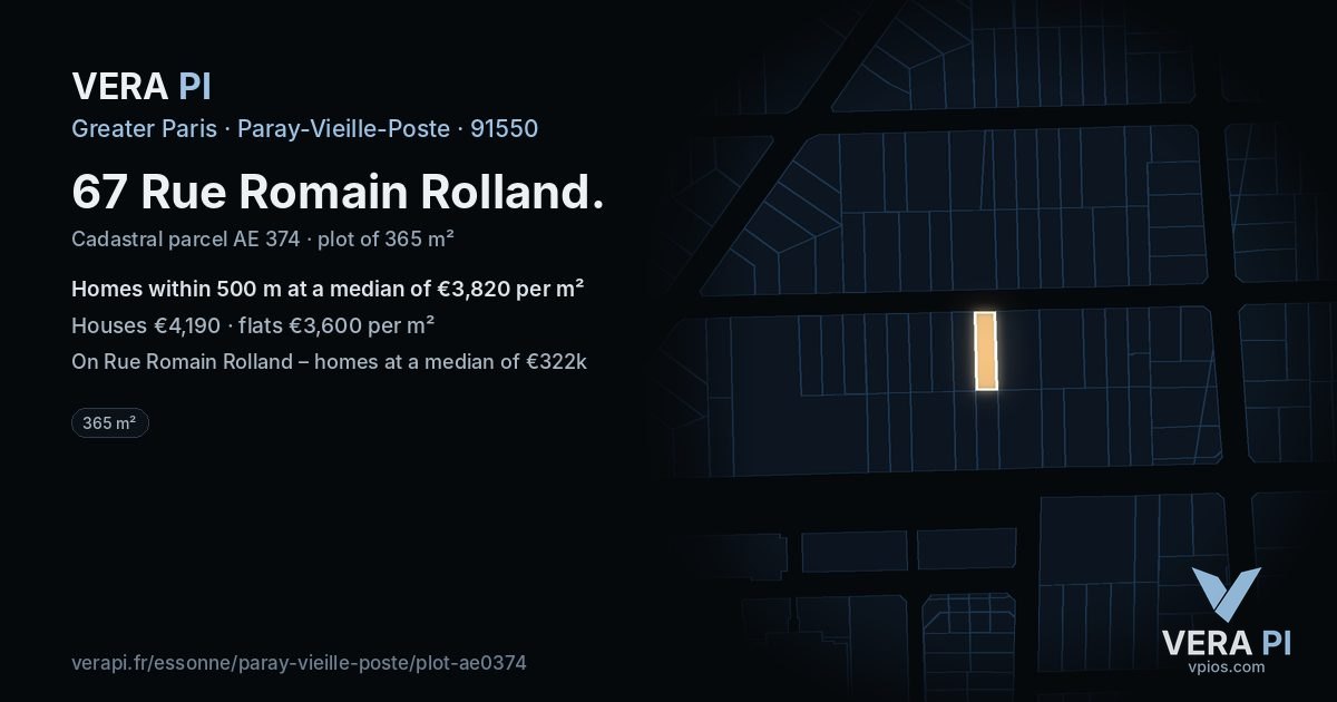 67 Rue Romain Rolland, Paray-Vieille-Poste at night – the plot lit, the parcels around coloured by the prices near them