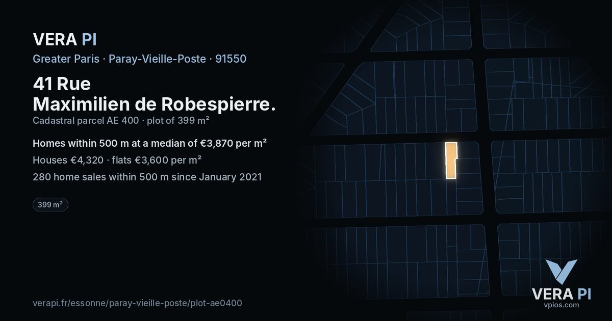 41 Rue Maximilien de Robespierre, Paray-Vieille-Poste at night – the plot lit, the parcels around coloured by the prices near them