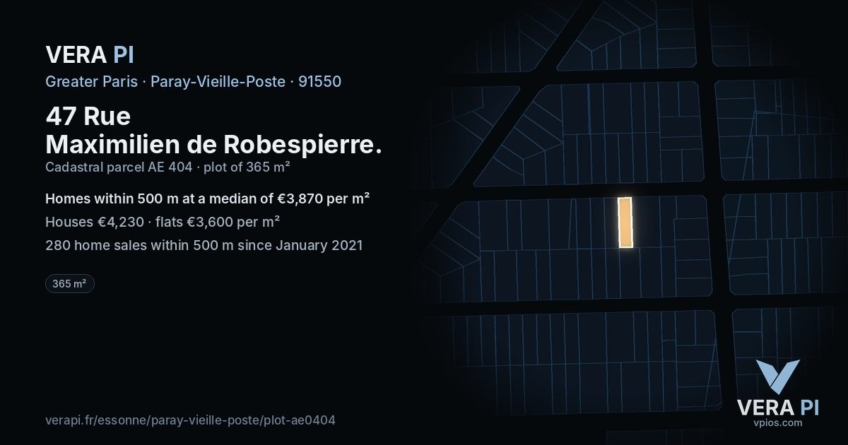 47 Rue Maximilien de Robespierre, Paray-Vieille-Poste at night – the plot lit, the parcels around coloured by the prices near them