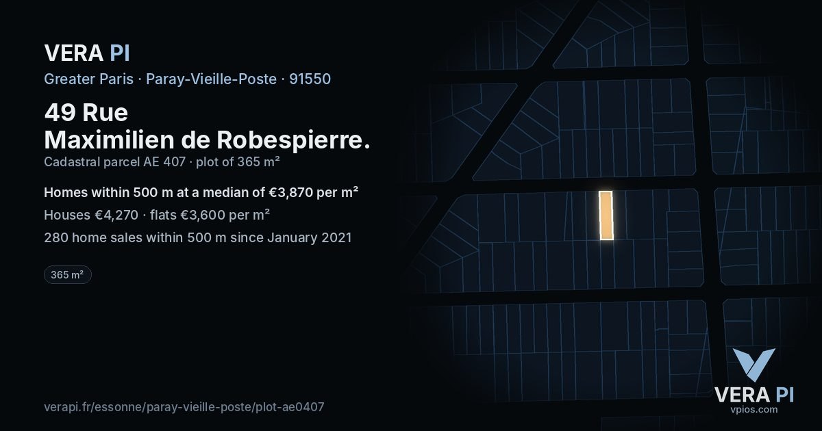 49 Rue Maximilien de Robespierre, Paray-Vieille-Poste at night – the plot lit, the parcels around coloured by the prices near them