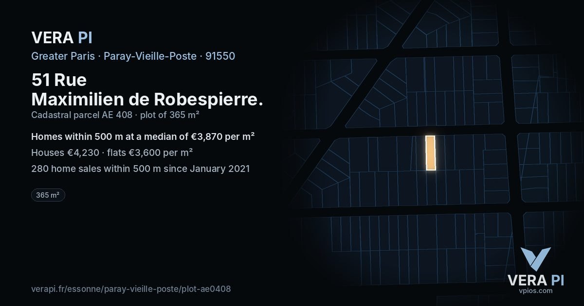 51 Rue Maximilien de Robespierre, Paray-Vieille-Poste at night – the plot lit, the parcels around coloured by the prices near them
