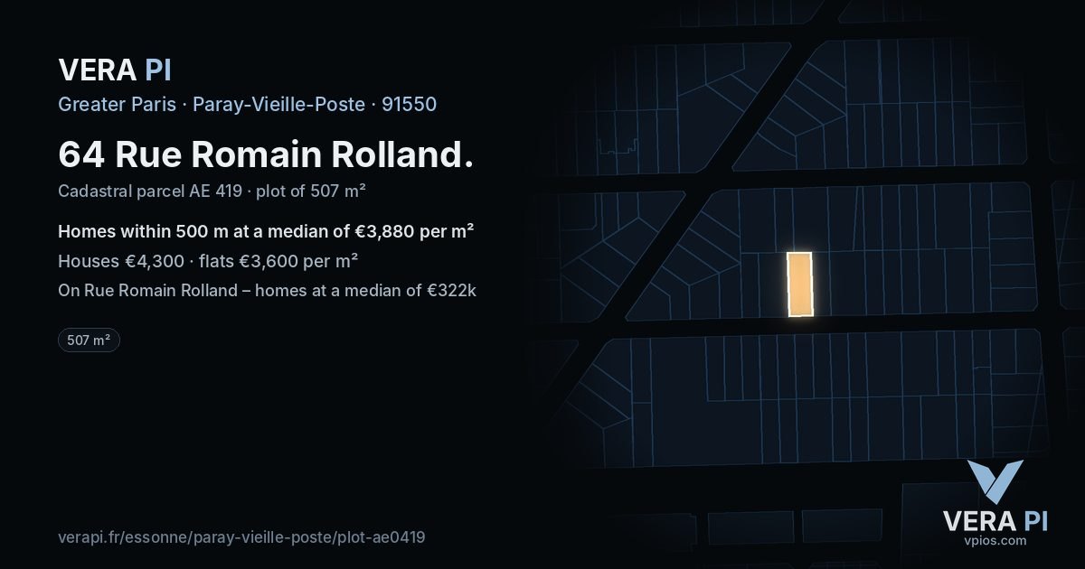 64 Rue Romain Rolland, Paray-Vieille-Poste at night – the plot lit, the parcels around coloured by the prices near them