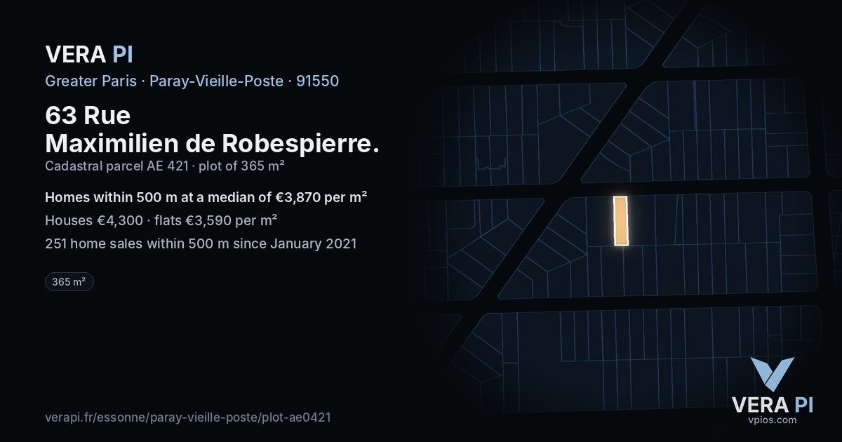 63 Rue Maximilien de Robespierre, Paray-Vieille-Poste at night – the plot lit, the parcels around coloured by the prices near them