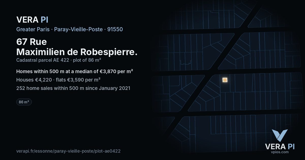 67 Rue Maximilien de Robespierre, Paray-Vieille-Poste at night – the plot lit, the parcels around coloured by the prices near them