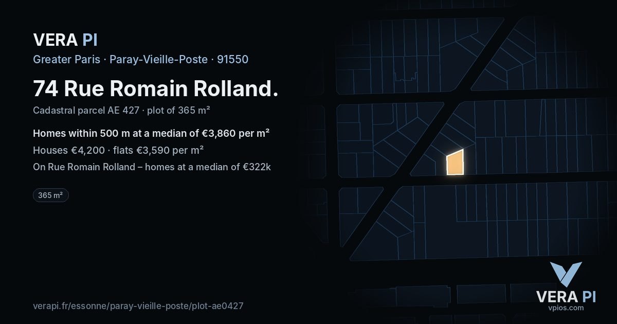 74 Rue Romain Rolland, Paray-Vieille-Poste at night – the plot lit, the parcels around coloured by the prices near them