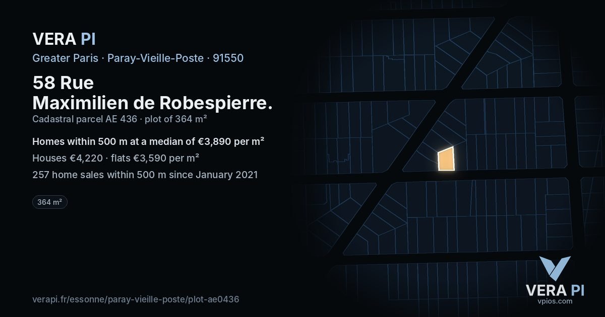 58 Rue Maximilien de Robespierre, Paray-Vieille-Poste at night – the plot lit, the parcels around coloured by the prices near them