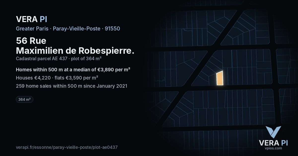 56 Rue Maximilien de Robespierre, Paray-Vieille-Poste at night – the plot lit, the parcels around coloured by the prices near them