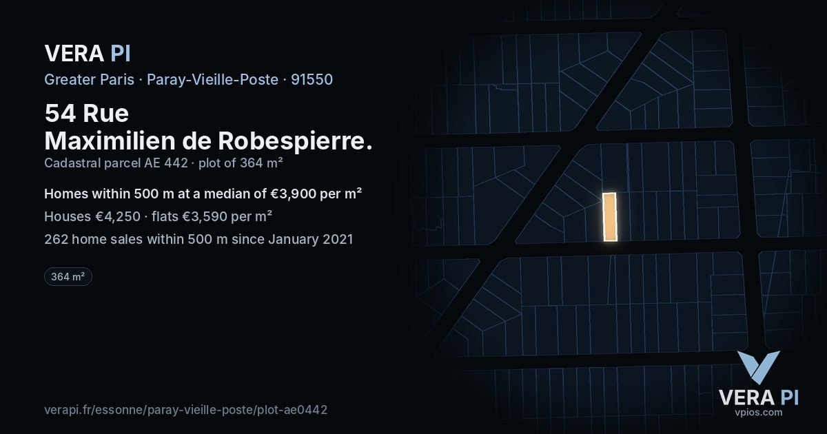 54 Rue Maximilien de Robespierre, Paray-Vieille-Poste at night – the plot lit, the parcels around coloured by the prices near them