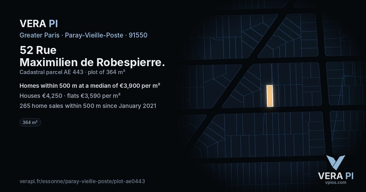 52 Rue Maximilien de Robespierre, Paray-Vieille-Poste at night – the plot lit, the parcels around coloured by the prices near them