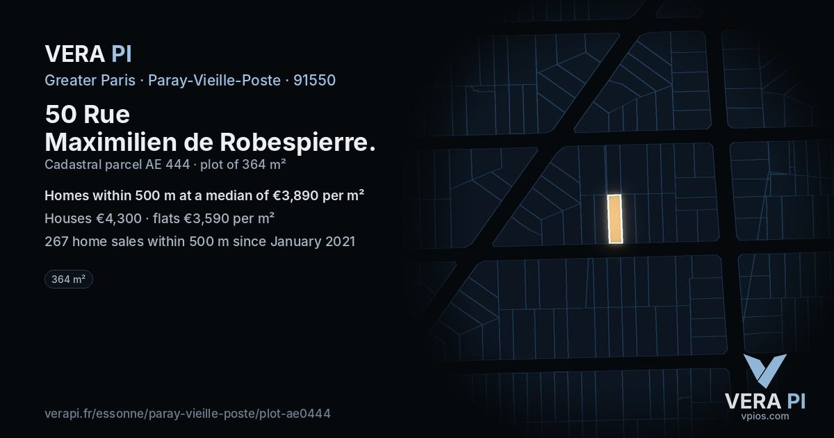 50 Rue Maximilien de Robespierre, Paray-Vieille-Poste at night – the plot lit, the parcels around coloured by the prices near them