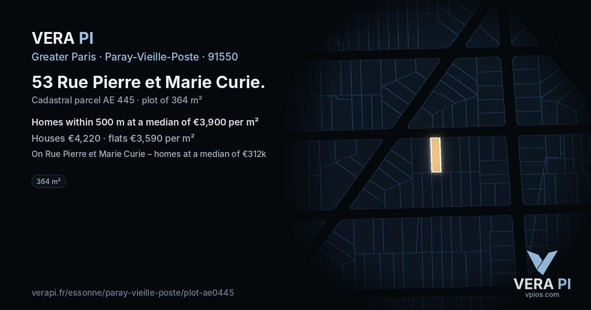 53 Rue Pierre et Marie Curie, Paray-Vieille-Poste at night – the plot lit, the parcels around coloured by the prices near them