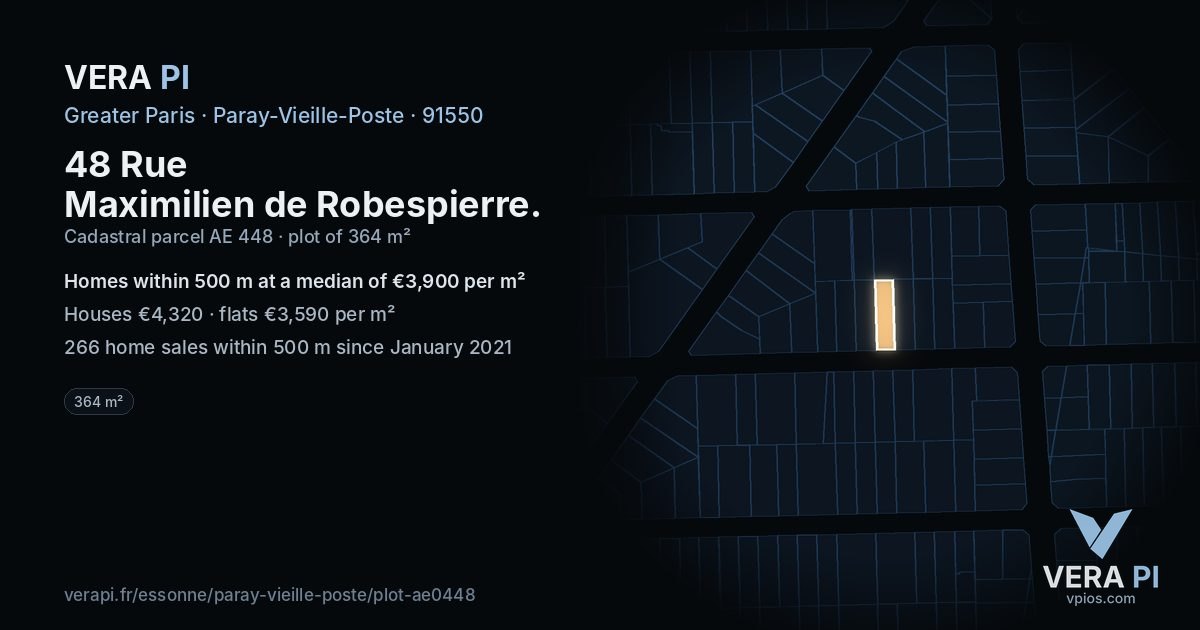 48 Rue Maximilien de Robespierre, Paray-Vieille-Poste at night – the plot lit, the parcels around coloured by the prices near them