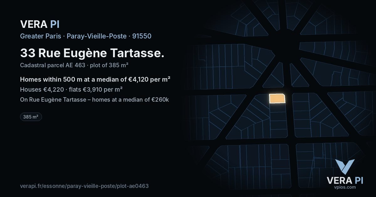 33 Rue Eugène Tartasse, Paray-Vieille-Poste at night – the plot lit, the parcels around coloured by the prices near them