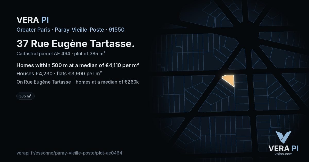 37 Rue Eugène Tartasse, Paray-Vieille-Poste at night – the plot lit, the parcels around coloured by the prices near them