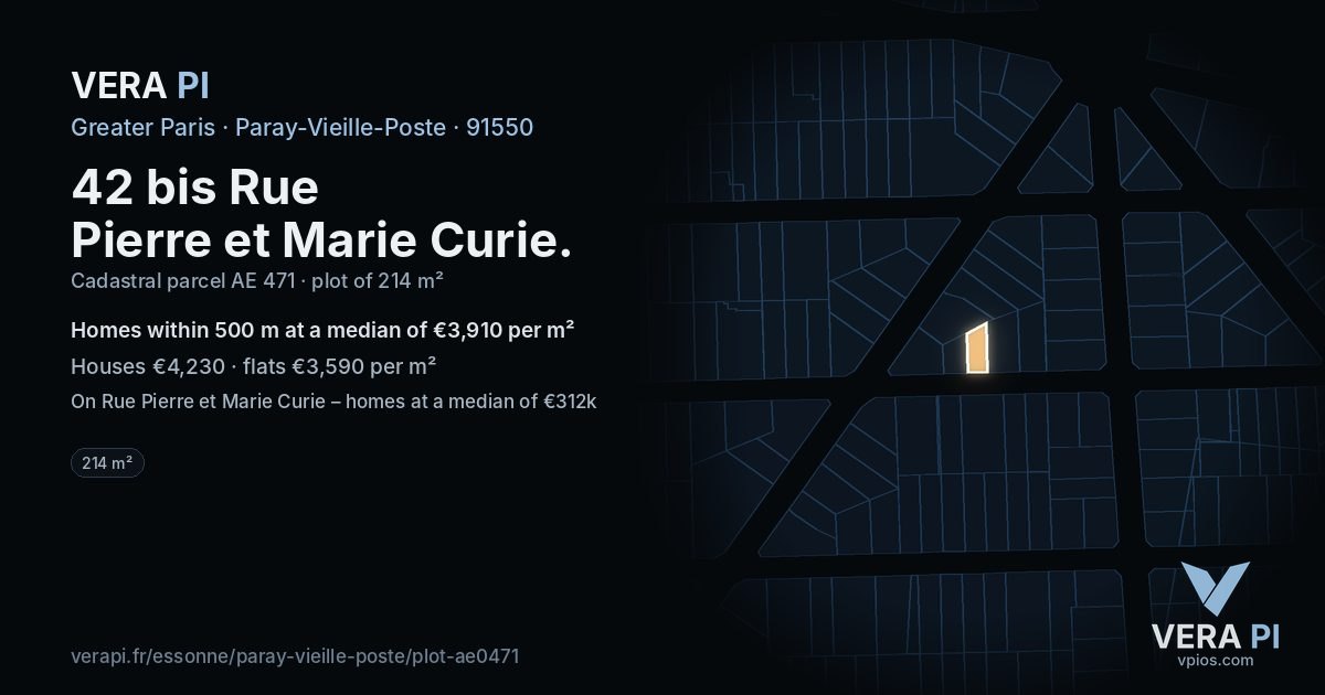 42 bis Rue Pierre et Marie Curie, Paray-Vieille-Poste at night – the plot lit, the parcels around coloured by the prices near them