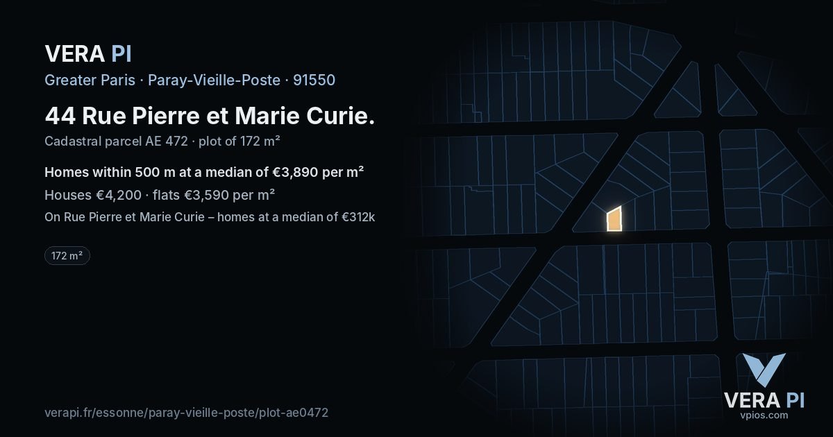 44 Rue Pierre et Marie Curie, Paray-Vieille-Poste at night – the plot lit, the parcels around coloured by the prices near them