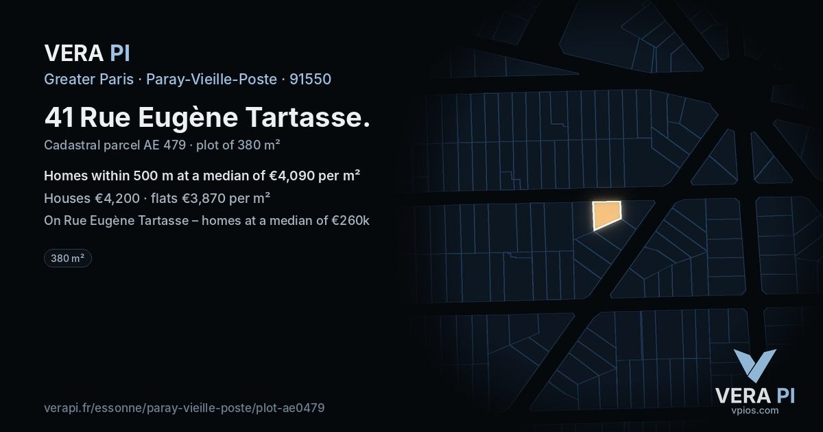 41 Rue Eugène Tartasse, Paray-Vieille-Poste at night – the plot lit, the parcels around coloured by the prices near them