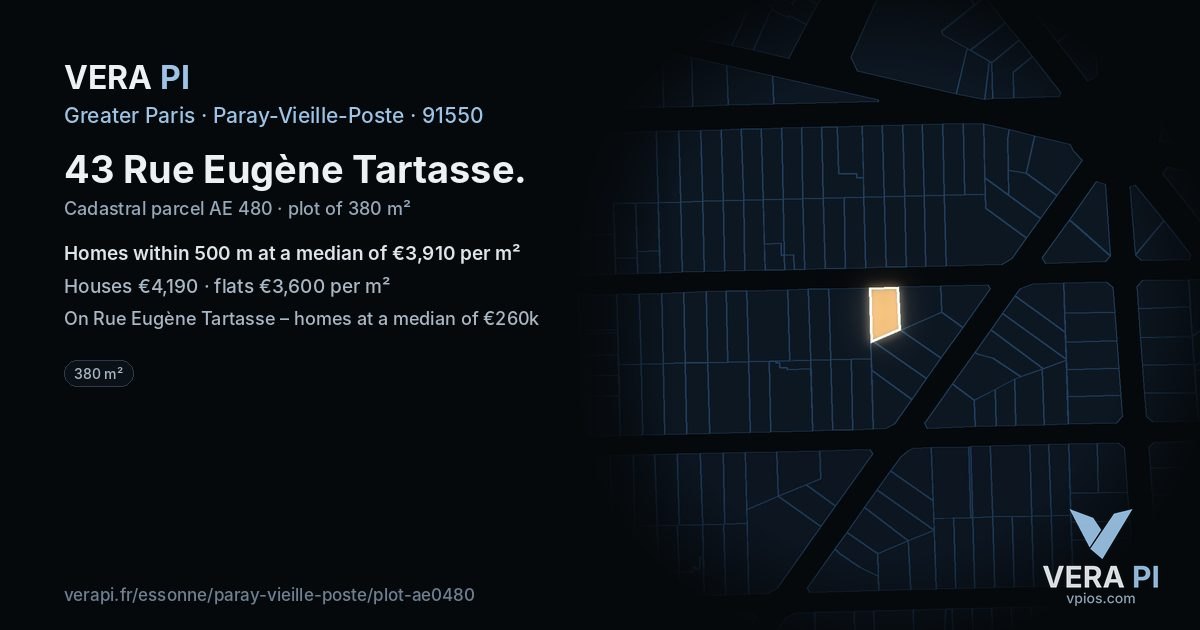 43 Rue Eugène Tartasse, Paray-Vieille-Poste at night – the plot lit, the parcels around coloured by the prices near them