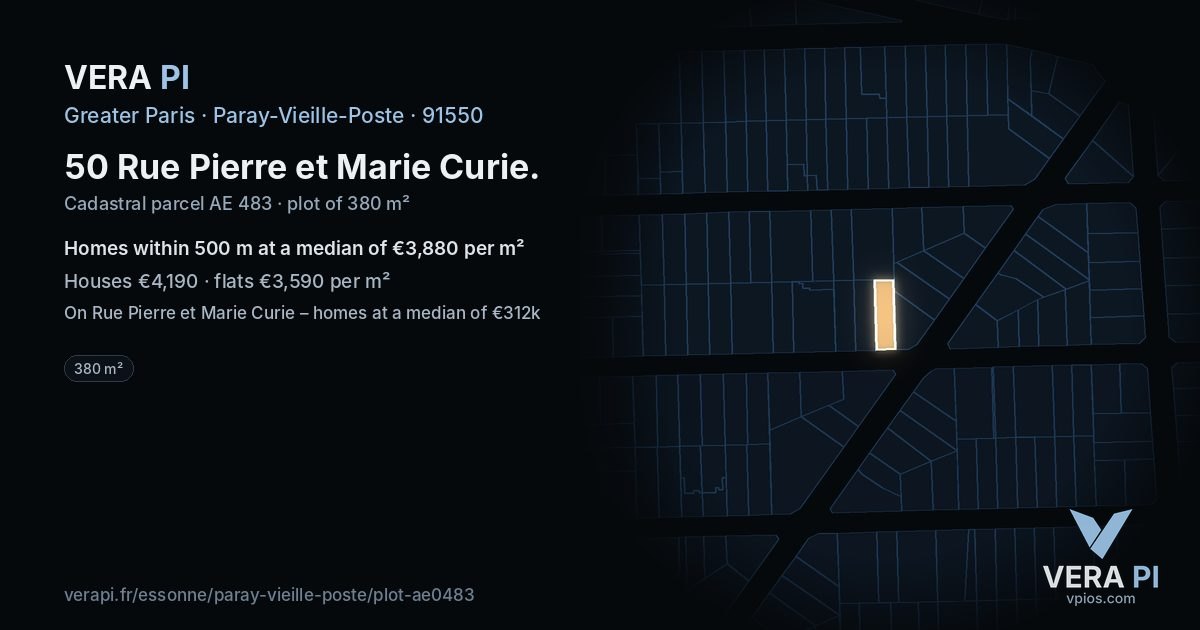 50 Rue Pierre et Marie Curie, Paray-Vieille-Poste at night – the plot lit, the parcels around coloured by the prices near them
