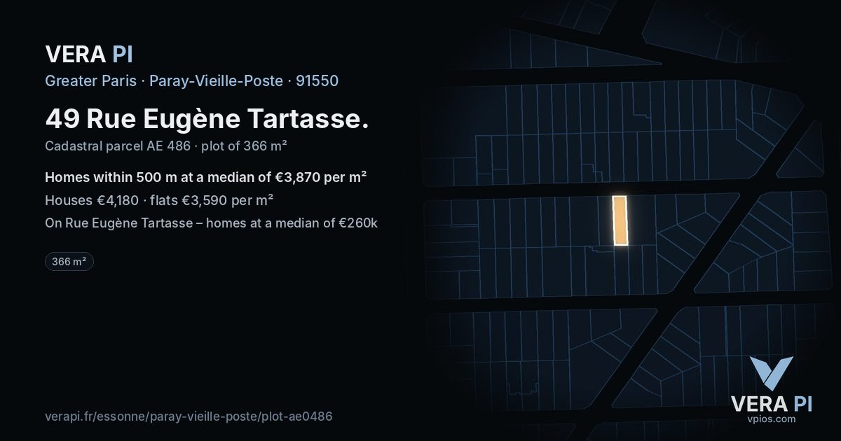 49 Rue Eugène Tartasse, Paray-Vieille-Poste at night – the plot lit, the parcels around coloured by the prices near them