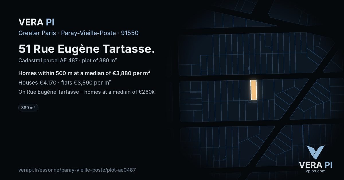 51 Rue Eugène Tartasse, Paray-Vieille-Poste at night – the plot lit, the parcels around coloured by the prices near them