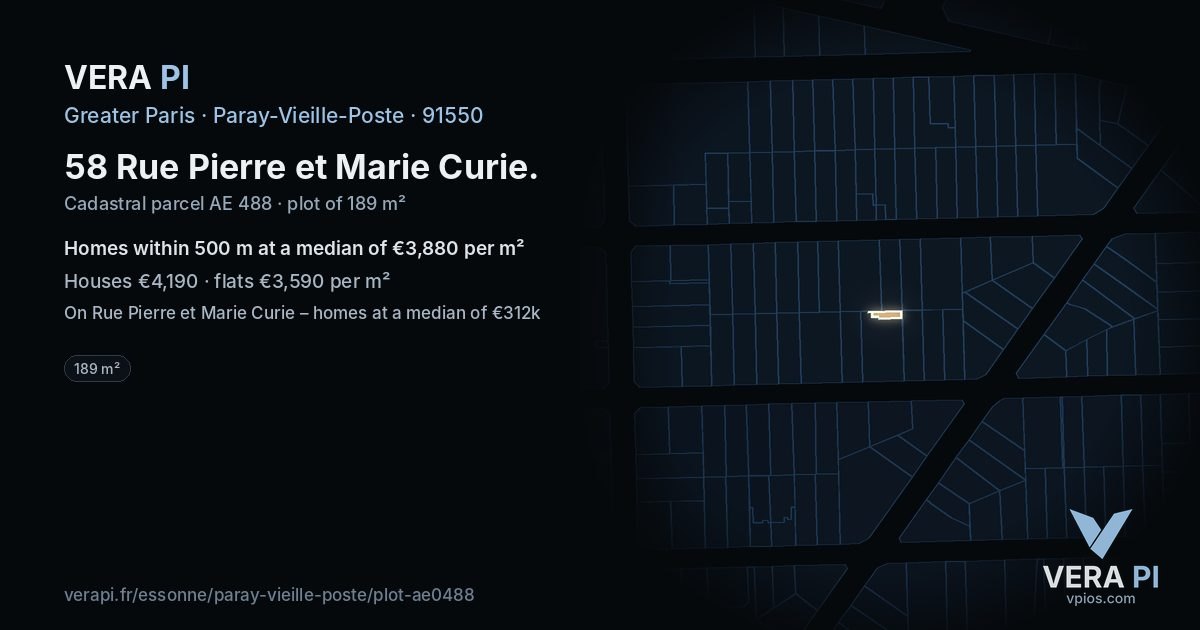 58 Rue Pierre et Marie Curie, Paray-Vieille-Poste at night – the plot lit, the parcels around coloured by the prices near them