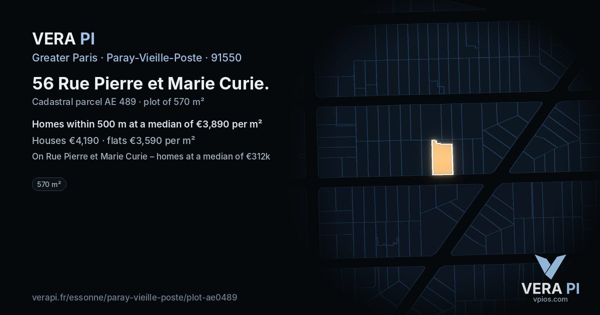 56 Rue Pierre et Marie Curie, Paray-Vieille-Poste at night – the plot lit, the parcels around coloured by the prices near them