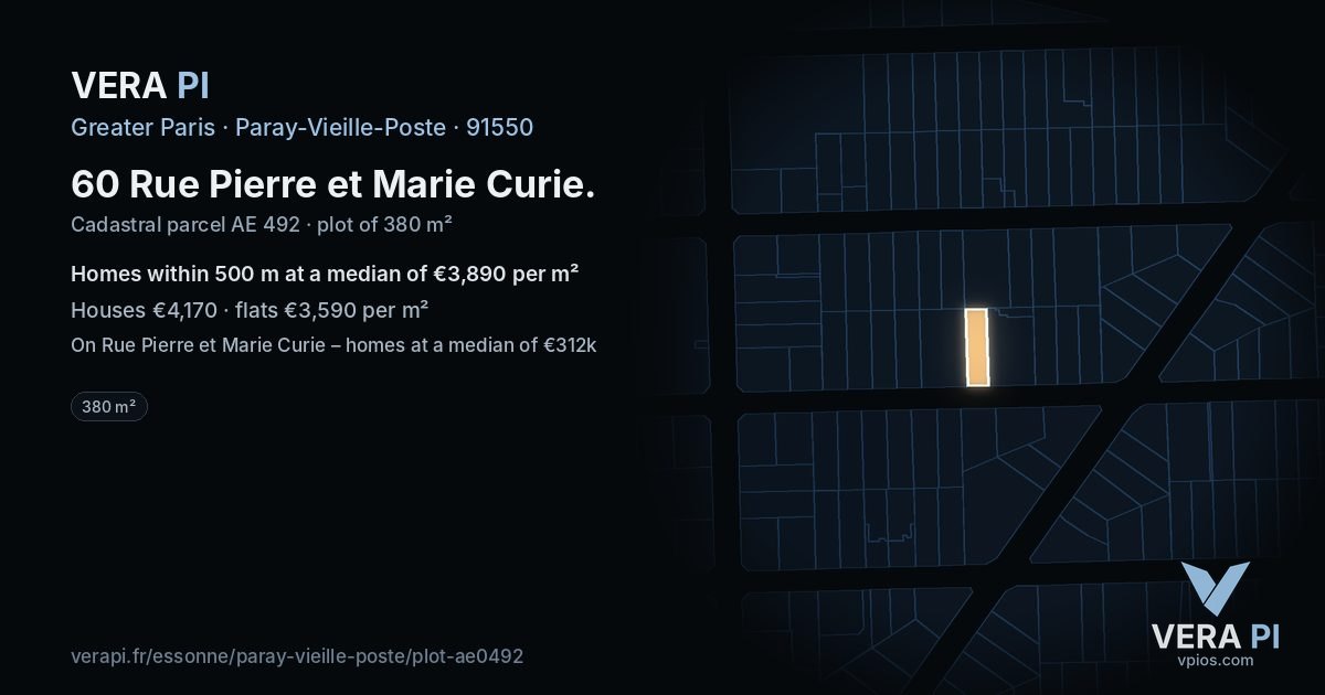 60 Rue Pierre et Marie Curie, Paray-Vieille-Poste at night – the plot lit, the parcels around coloured by the prices near them