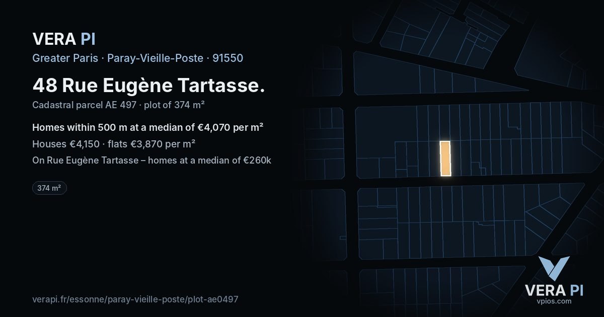 48 Rue Eugène Tartasse, Paray-Vieille-Poste at night – the plot lit, the parcels around coloured by the prices near them