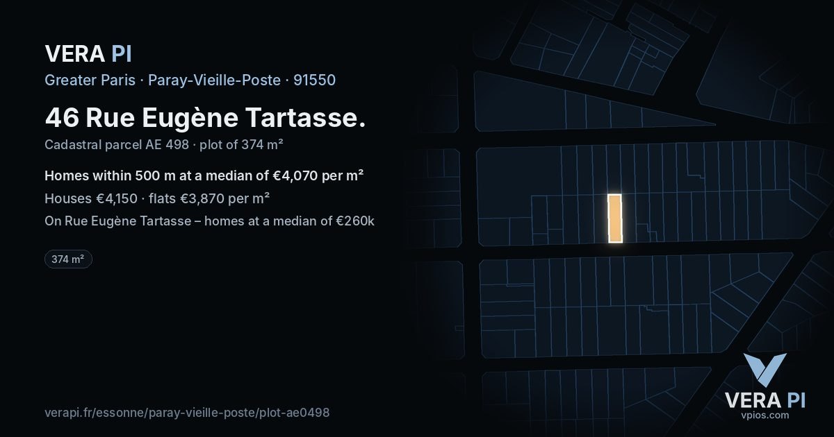 46 Rue Eugène Tartasse, Paray-Vieille-Poste at night – the plot lit, the parcels around coloured by the prices near them