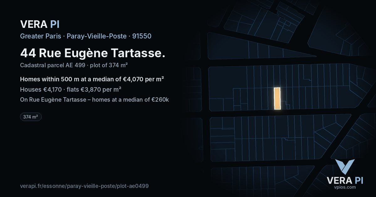 44 Rue Eugène Tartasse, Paray-Vieille-Poste at night – the plot lit, the parcels around coloured by the prices near them