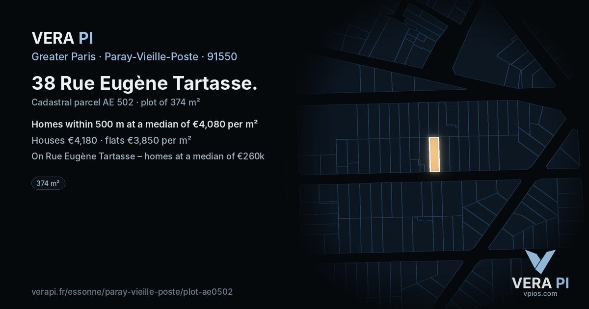 38 Rue Eugène Tartasse, Paray-Vieille-Poste at night – the plot lit, the parcels around coloured by the prices near them
