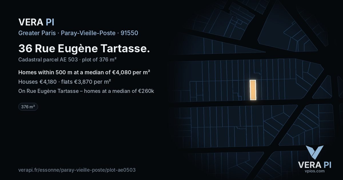 36 Rue Eugène Tartasse, Paray-Vieille-Poste at night – the plot lit, the parcels around coloured by the prices near them