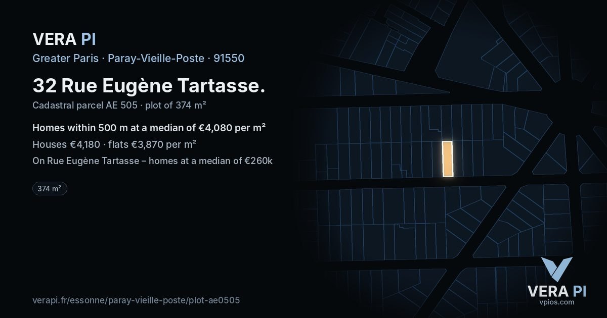 32 Rue Eugène Tartasse, Paray-Vieille-Poste at night – the plot lit, the parcels around coloured by the prices near them