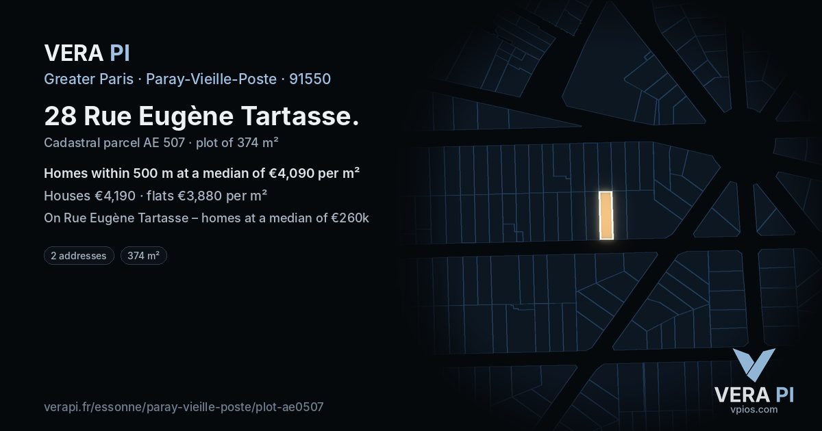 28 Rue Eugène Tartasse, Paray-Vieille-Poste at night – the plot lit, the parcels around coloured by the prices near them