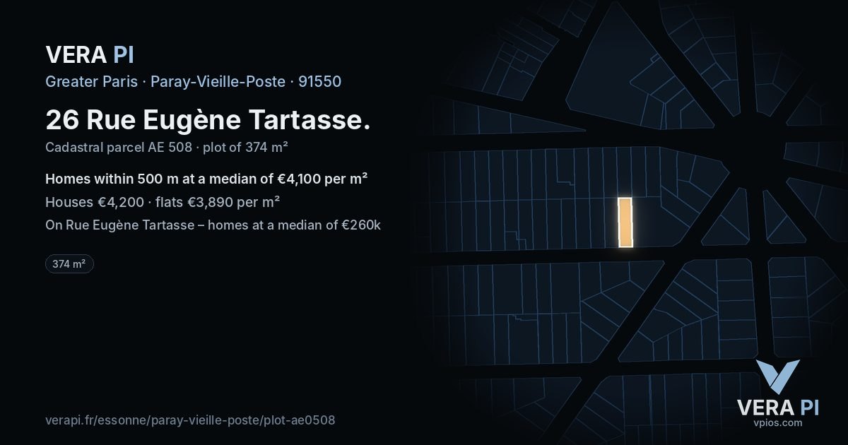 26 Rue Eugène Tartasse, Paray-Vieille-Poste at night – the plot lit, the parcels around coloured by the prices near them