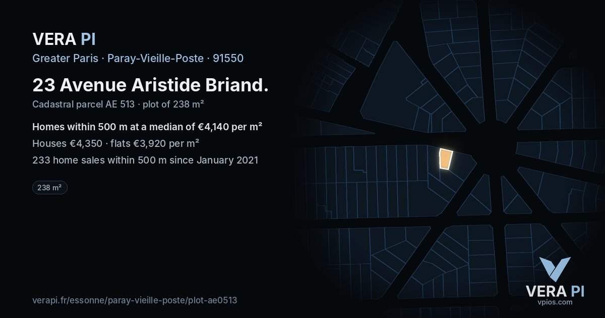 23 Avenue Aristide Briand, Paray-Vieille-Poste at night – the plot lit, the parcels around coloured by the prices near them
