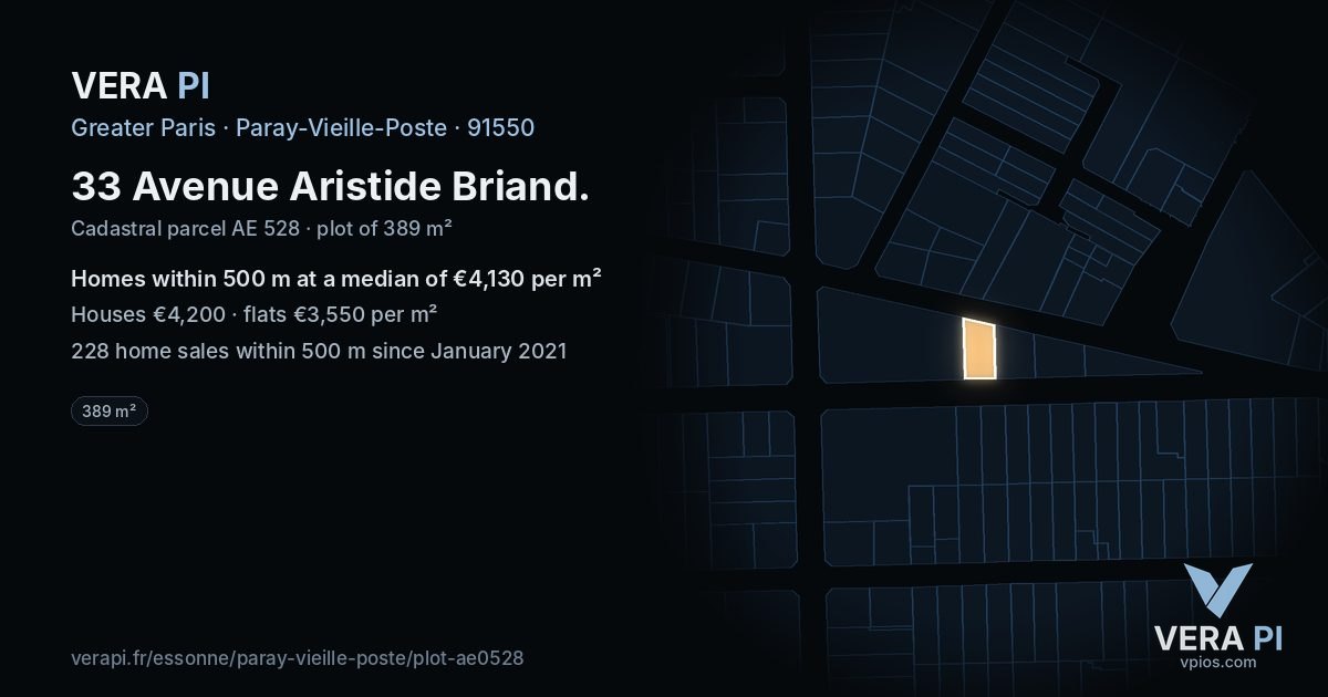 33 Avenue Aristide Briand, Paray-Vieille-Poste at night – the plot lit, the parcels around coloured by the prices near them