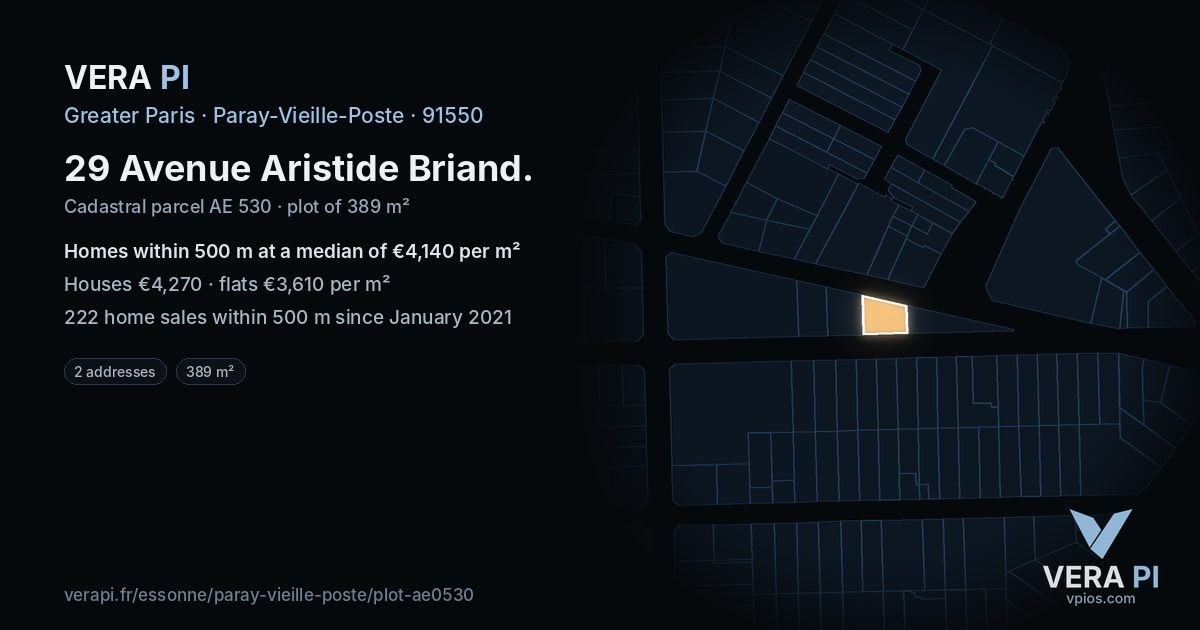 29 Avenue Aristide Briand, Paray-Vieille-Poste at night – the plot lit, the parcels around coloured by the prices near them