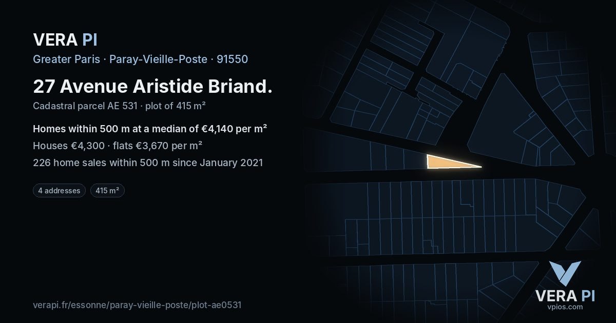 27 Avenue Aristide Briand, Paray-Vieille-Poste at night – the plot lit, the parcels around coloured by the prices near them