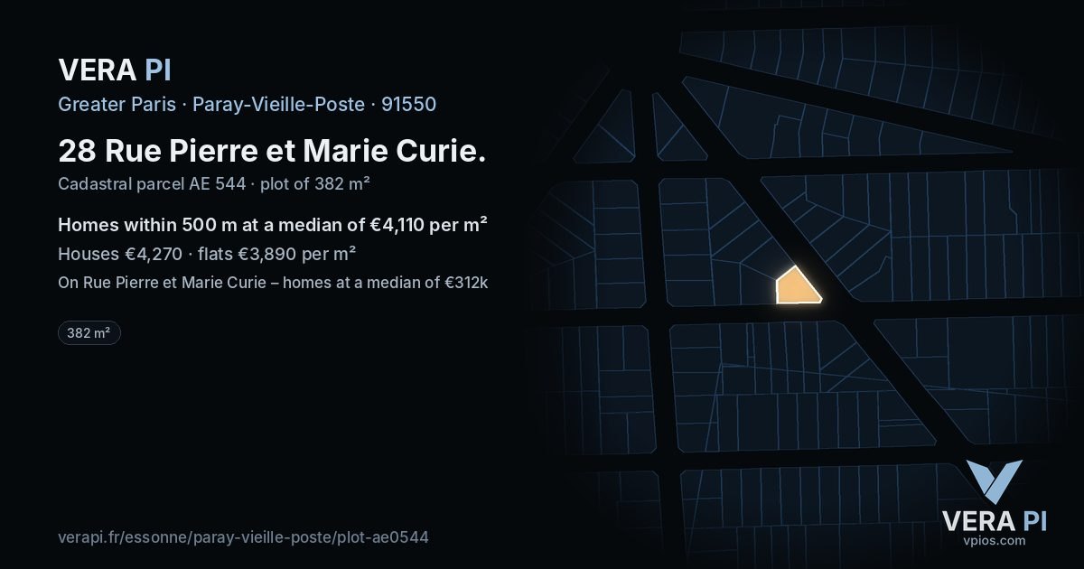 28 Rue Pierre et Marie Curie, Paray-Vieille-Poste at night – the plot lit, the parcels around coloured by the prices near them