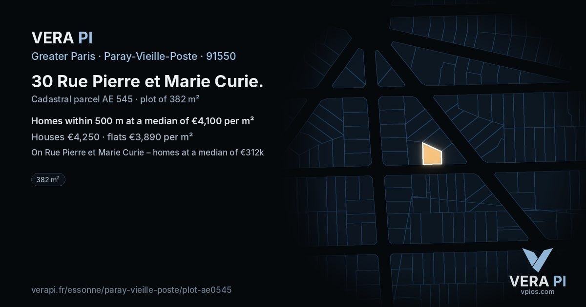 30 Rue Pierre et Marie Curie, Paray-Vieille-Poste at night – the plot lit, the parcels around coloured by the prices near them