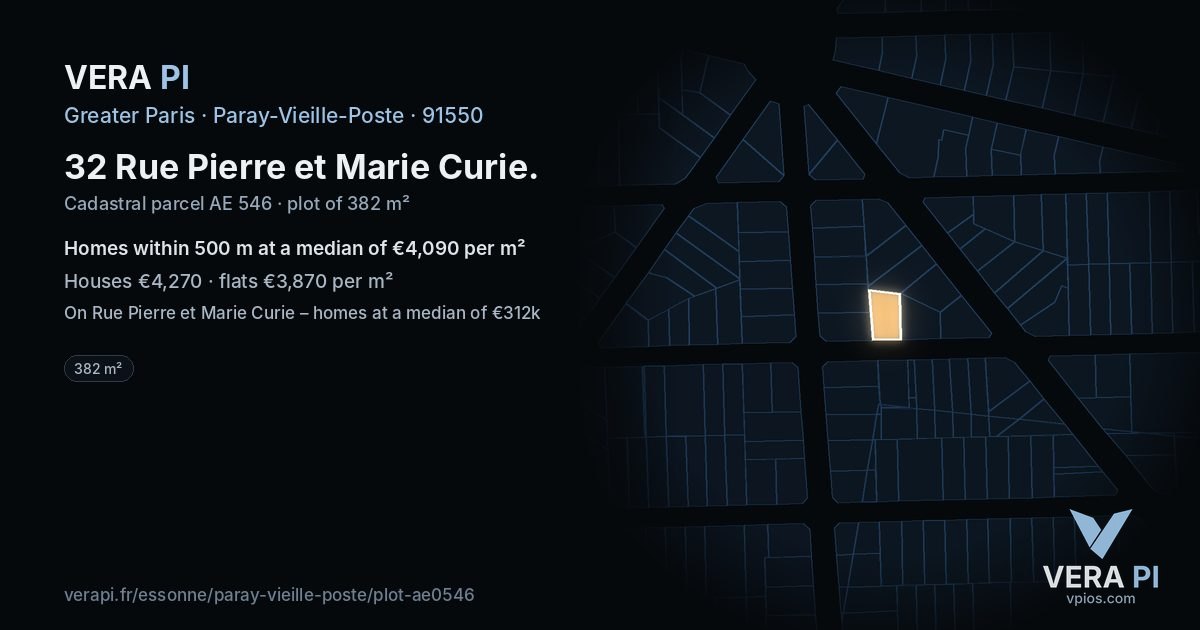 32 Rue Pierre et Marie Curie, Paray-Vieille-Poste at night – the plot lit, the parcels around coloured by the prices near them