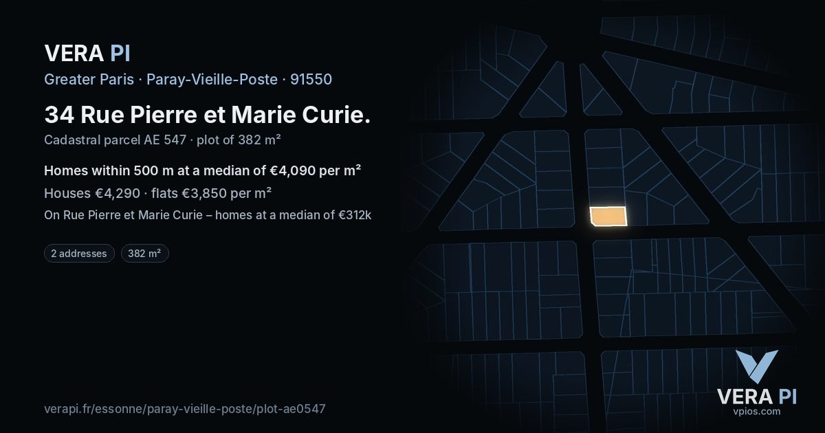 34 Rue Pierre et Marie Curie, Paray-Vieille-Poste at night – the plot lit, the parcels around coloured by the prices near them