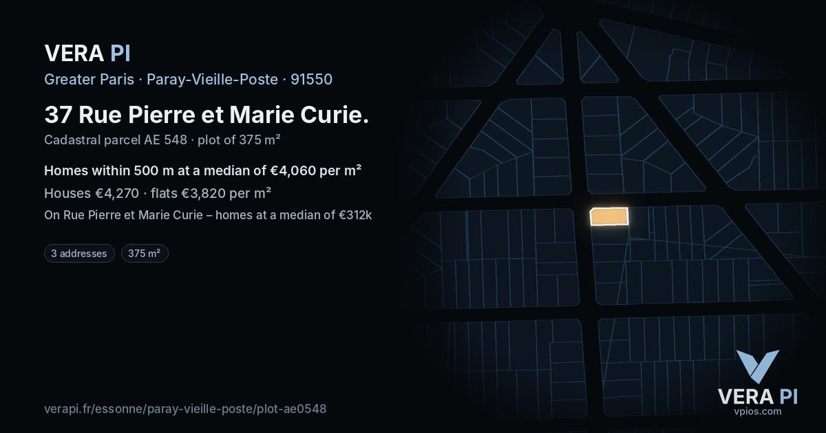 37 Rue Pierre et Marie Curie, Paray-Vieille-Poste at night – the plot lit, the parcels around coloured by the prices near them